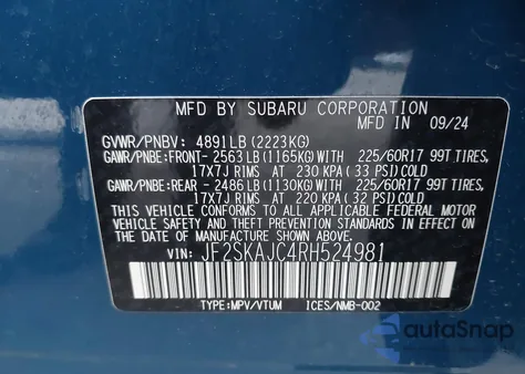 2024 Subaru Forester Wilderness z USA, uszkodzony, nr VIN JF2SKAJC4RH524981